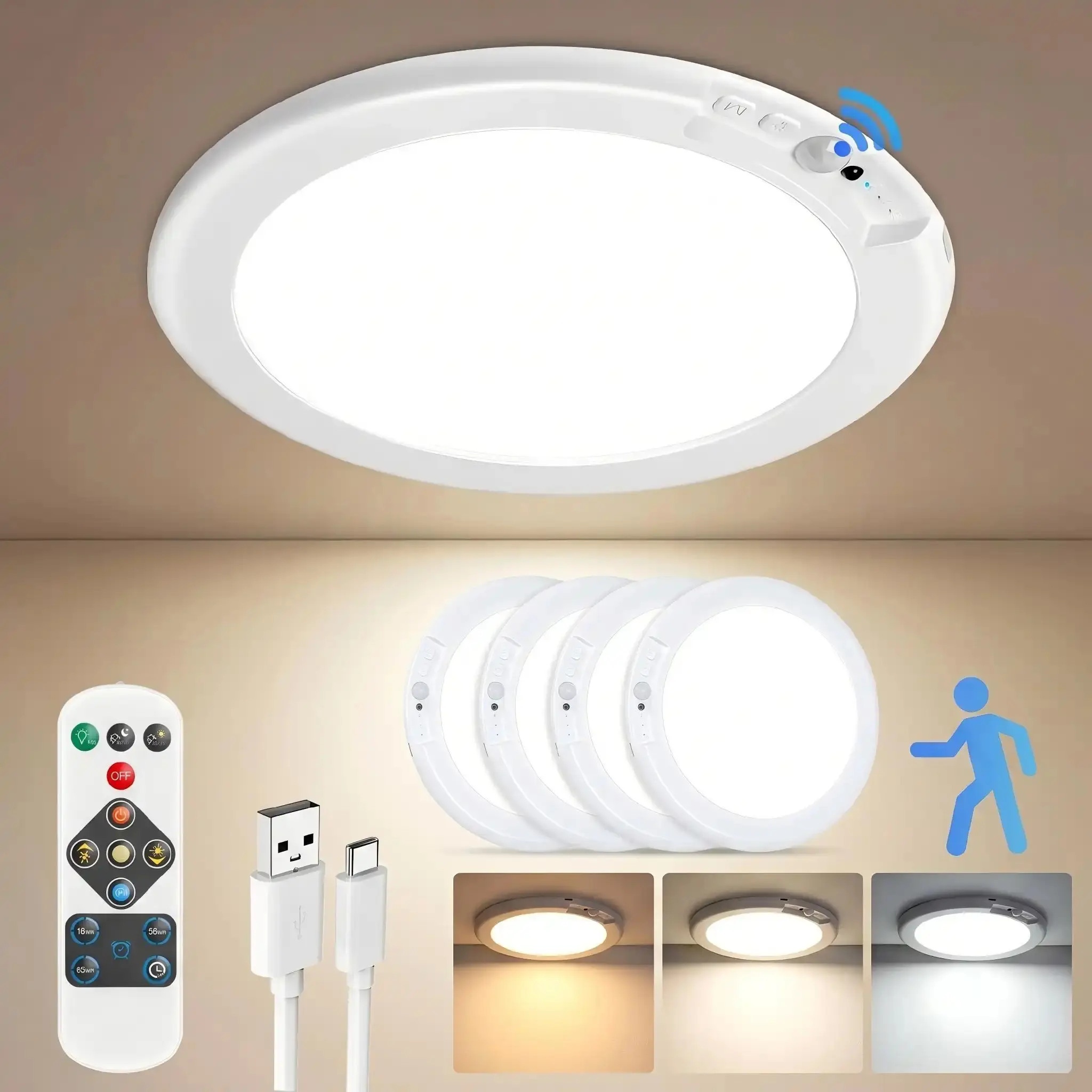 2/4 Pack Rechargeable Motion Sensor Ceiling Lights, Magnetic Wireless Slim LED Lights with Remote Control, Dimmable Auto Shut-Off Battery Lights for Closet, Stairs, Hallway & Kitchen