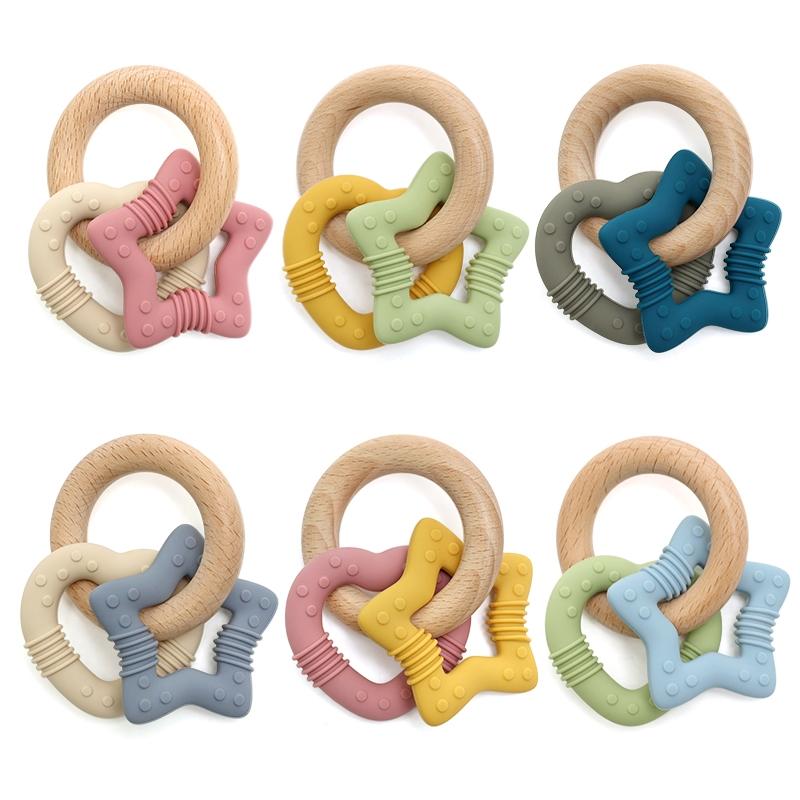 Baby Silicone Wooden Teething Toy, Heart Star Multi Texture Chewable, Infant Soothing Teether, Anti-Sucking Educational Rattle Gift