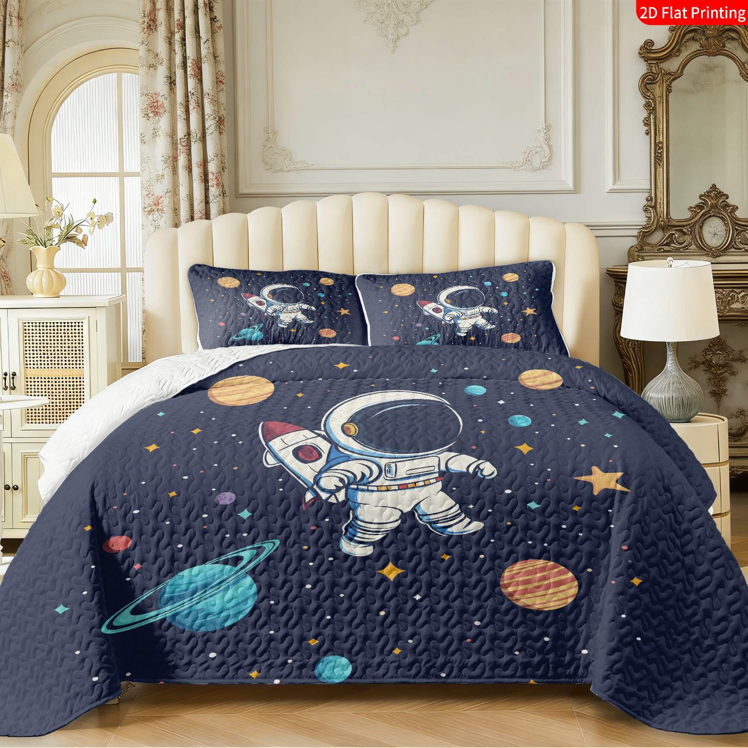 3 pcs, 2D flat print Astronaut Spaceship Starry Sky bed cover set, multiple sizes available, bedding set, festive decorative bedding, ideal for bedroom decor(1 bedspread , 2 pillowcases)