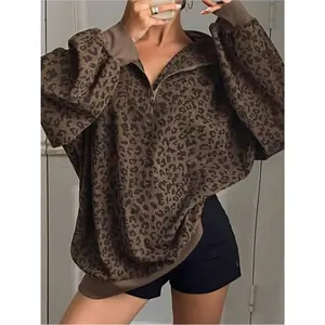 Women's Casual Leopard Print Zip-Up Hoodie - Long Sleeve, Loose Fit, Half-Zip Design, Brown & Black Retro Style For Spring/Fall