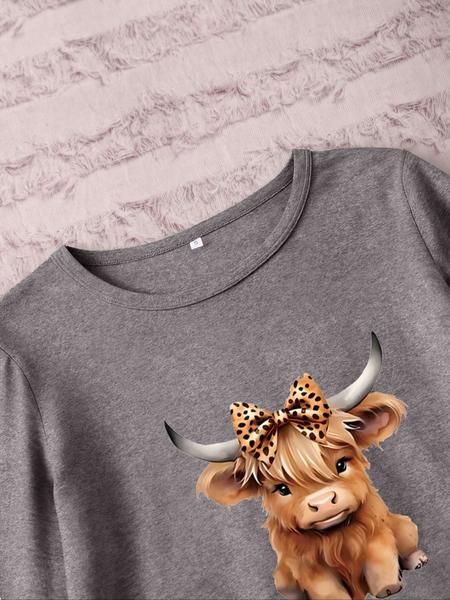 Women's Long Sleeve Pajama Set, Cartoon Highland Cow Print, Casual Fitted Sleepwear, Spring & Fall Nightgown, Moderate Fabric