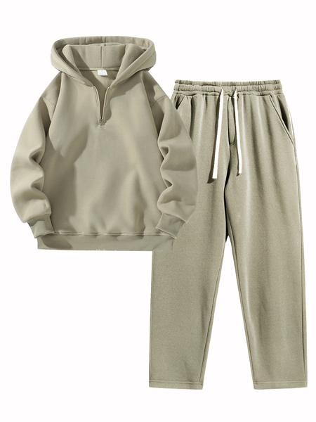 Men'S Plain Drop Shoulder Sweatsuit Set, Casual Half Zip Hoodie & Drawstring Sweatpants With Pocket Men'S Plain Drop Shoulder Sweatsuit Set, Casual Half Zip Hoodie & Drawstring Sweatpants With Pocket