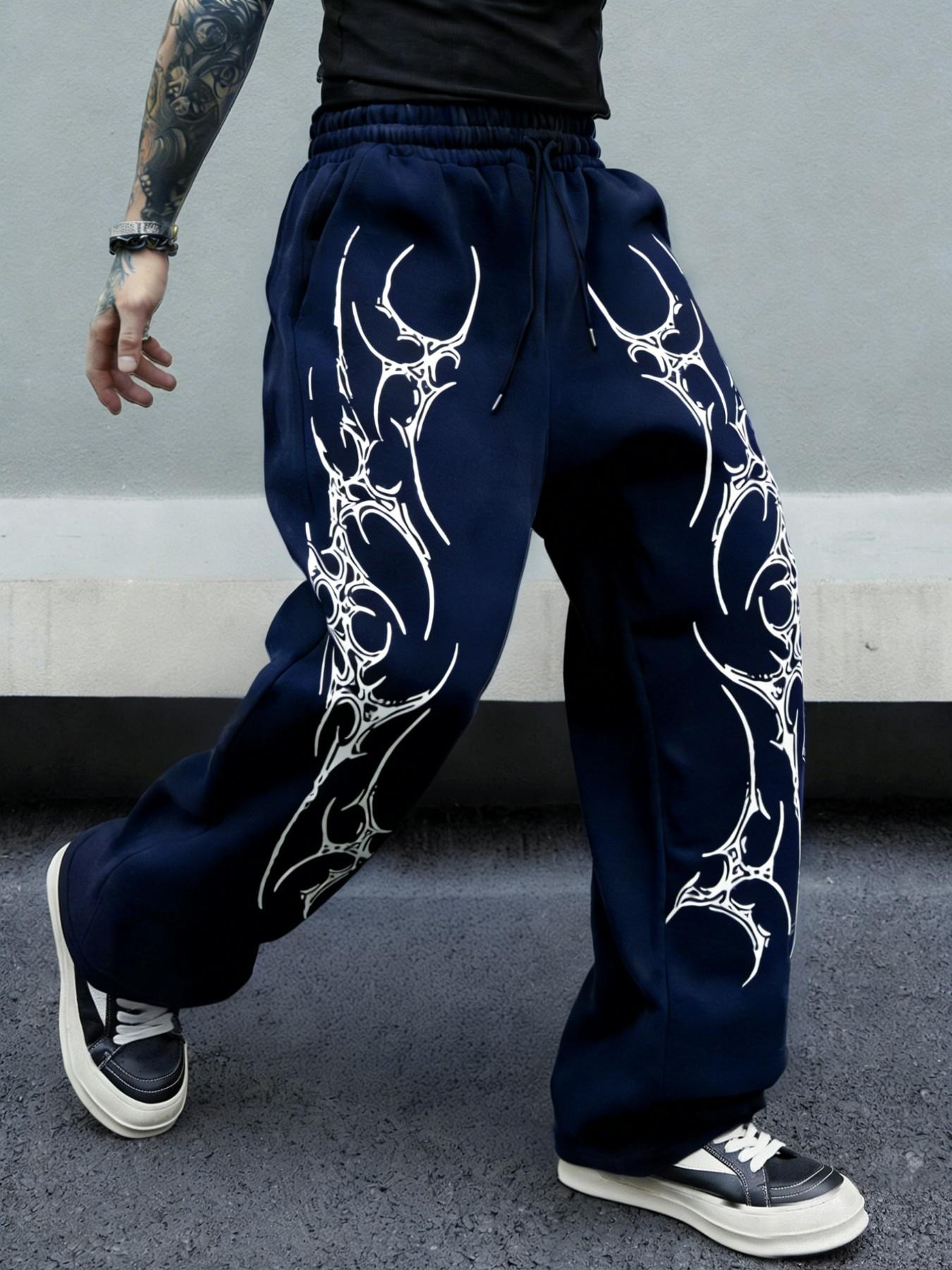 Men's Y2K Dark Aesthetic Graphic Thorn Print Wide Leg Pants, Loose