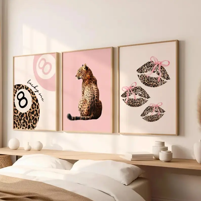 Pink Set of 3 Leopard Wall Art Coquette Cheetah Kiss Print 8 Ball Lucky Trendy Animal Print Poster Girly Preppy Home Decor Digital
