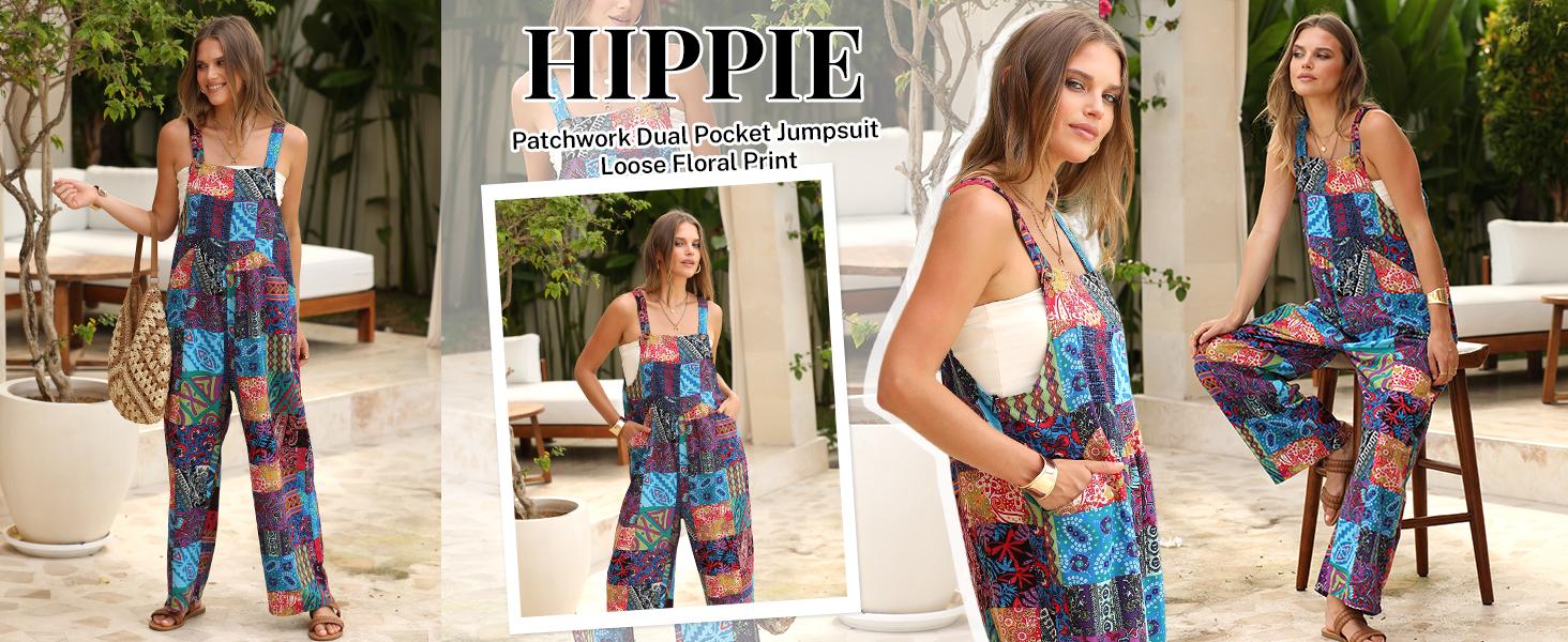 Yeokou Women's Patchwork Dual Pocket Jumpsuit Loose Floral Print Bohemian Wide Leg Bib Overall