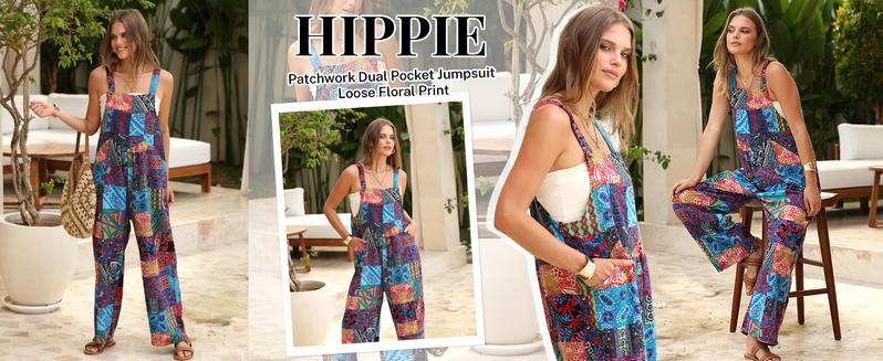 Yeokou Women's Patchwork Dual Pocket Jumpsuit Loose Floral Print Bohemian Wide Leg Bib Overall