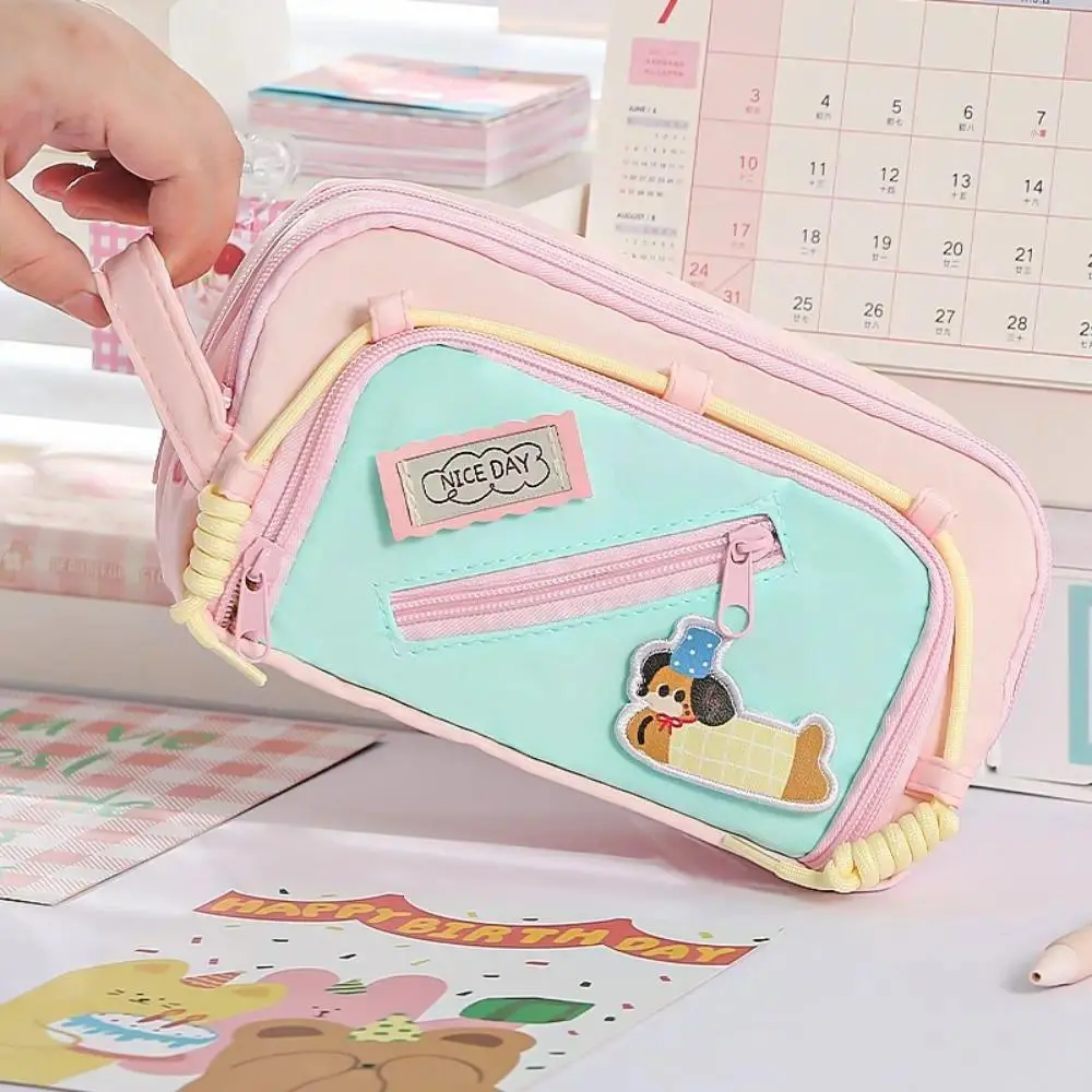 New Contrast Color Pen Bag Handheld Dachshund Stationery Bag Large Capacity Four-Layer Pencil Case Gift