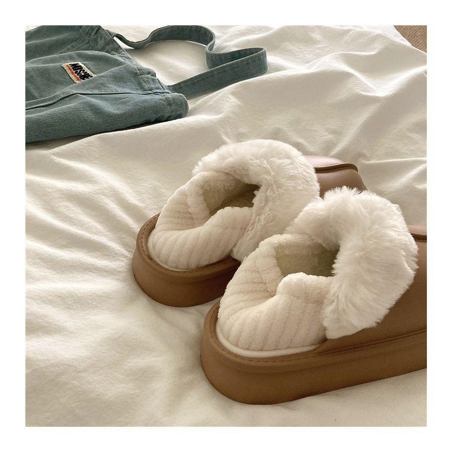 Crestar Winter Women Fuzzy Slippers New Outdoor Waterproof Cotton Shoes Warm Fluffy Home Slides Detachable Plush Cotton Slippers