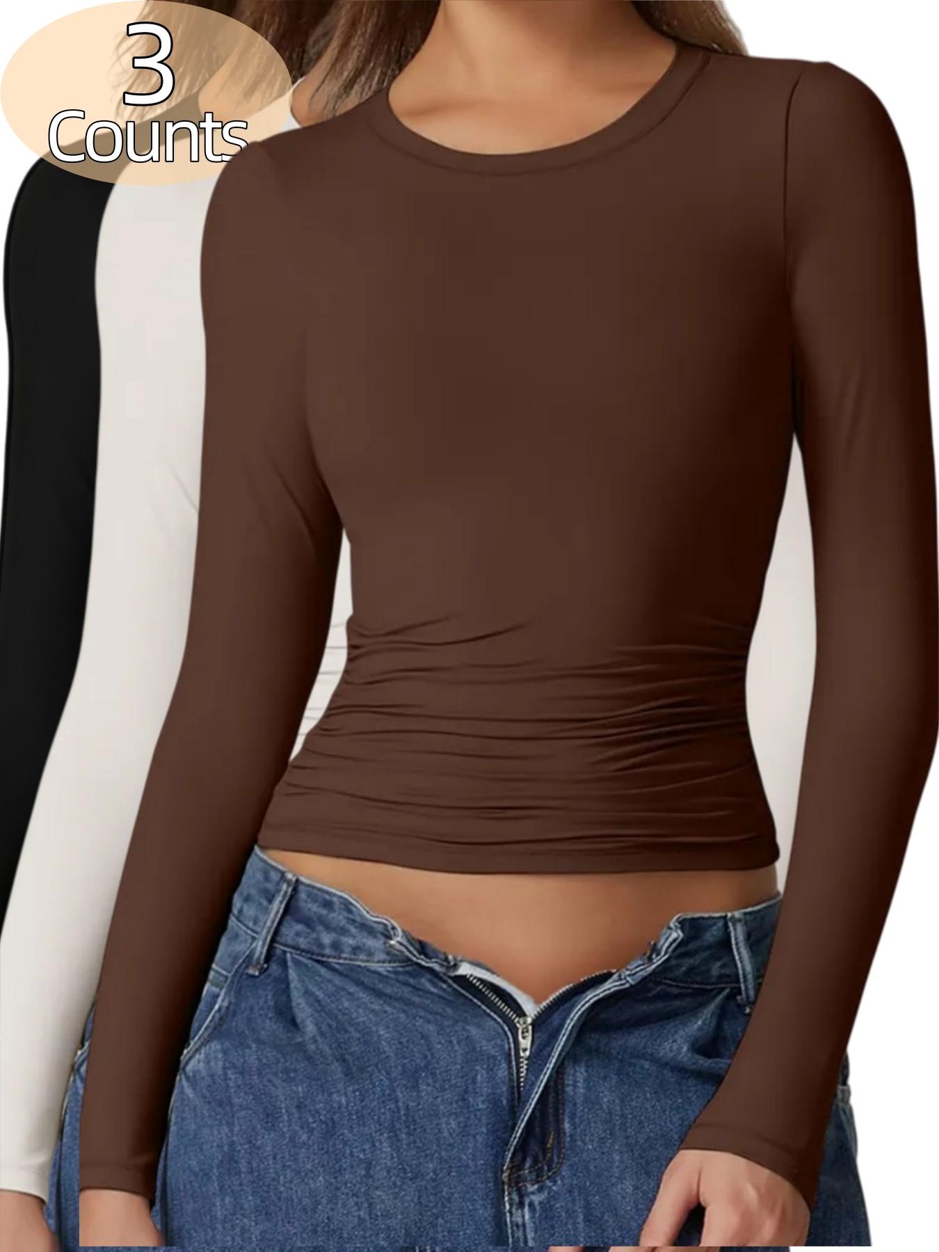 3 Counts Elegant & Versatile Women Plain Crew Neck Long Sleeve Ruched Fitted Slim Fit Loungewear Shirt,Warm Trendy Basic Tops,Breathable Soft Underwear,Cute Womenswear,High Elasticity Shapewear Tee,Suitable For All Seasons