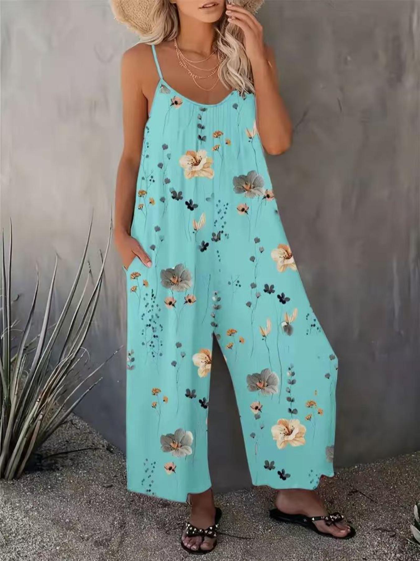 Comfortable Loose Jumpsuit, Perfect Vacation Selection, Just Right Pocket Design, U Neck Ruched Fit, Precise Tailoring, Sleeveless, Floral