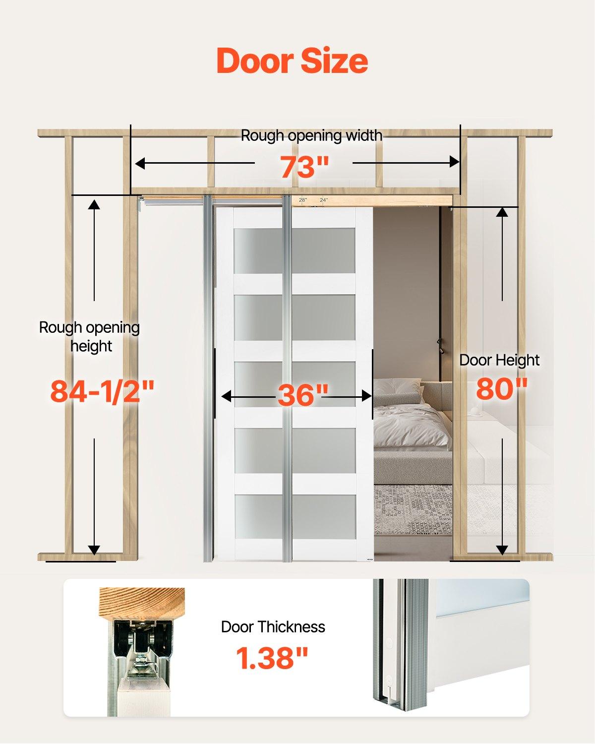 VEVOR Sliding Pocket Door, 36" x 80", 5-Lite Frosted Glass Single Sliding Door with Hardware Kit, Sturdy Solid Wood MDF Pocket Doors Slab with Waterproof Surface for Bedroom Kitchen Study Room
