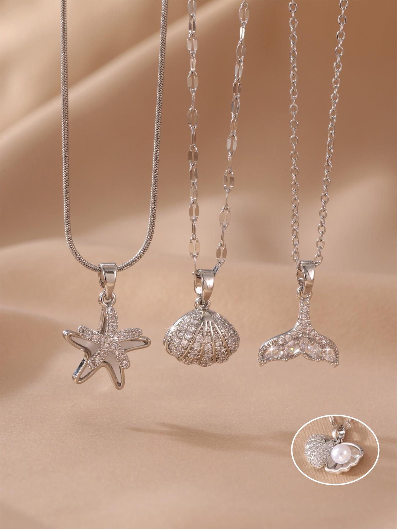 Elegant Ocean Style CZ Starfish Scallop Mermaid Tail Silver Necklace Lightweight All Season For Women Daily Wear