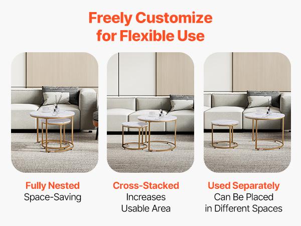 VEVOR Nesting Coffee Table Set of 2, 23.6 in Round Coffee Table, Nesting Tables for Small Place, Vintage End Side Tables Night Stand with Metal Frame, for Living Room, Bedroom, Office (White Gold)