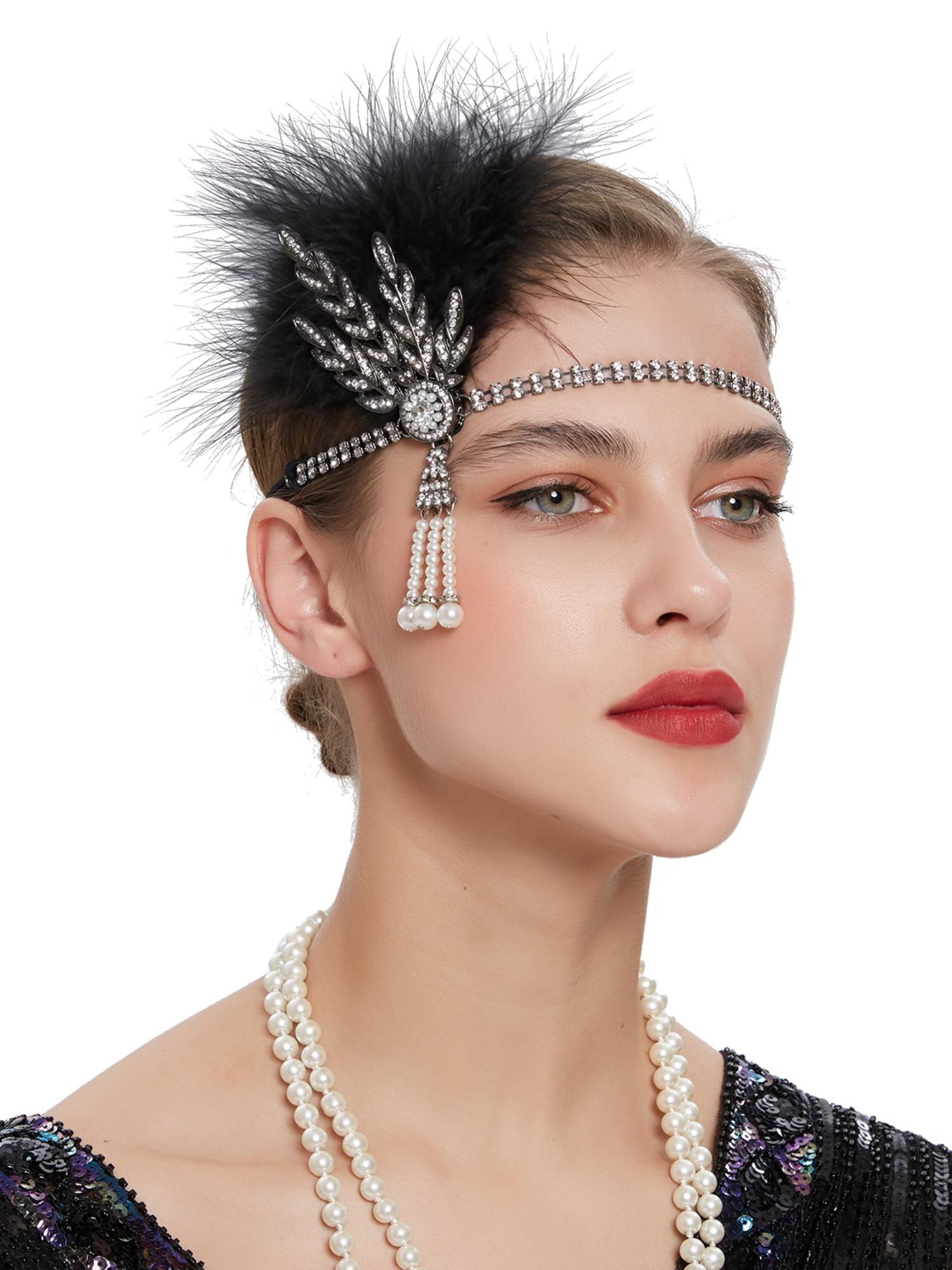 Vintage Flapper Headpiece Crystal Rhinestone Gatsby Style for Party Elegant 1920s Flapper Headpiece Great Gatsby Feather Headband  main image 2