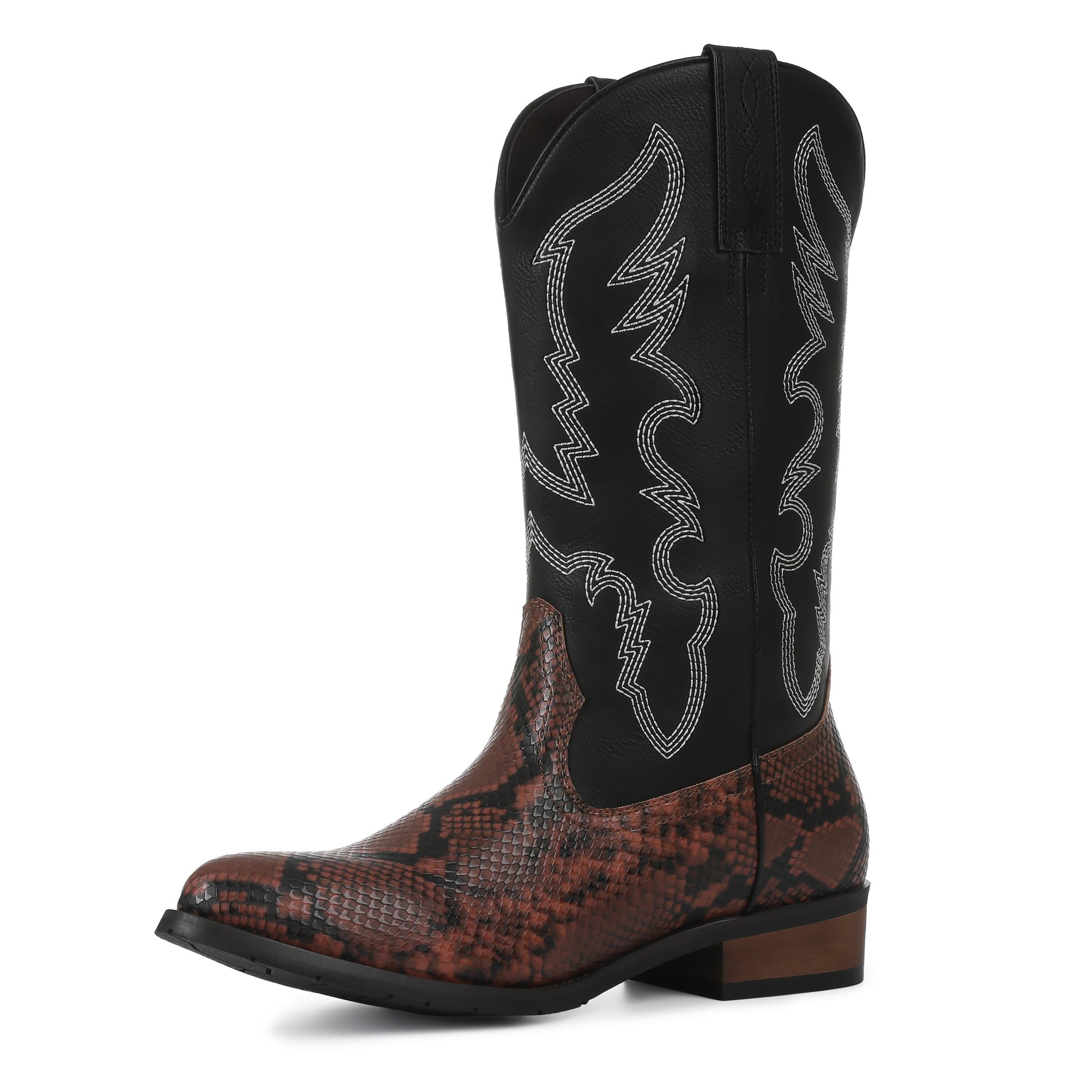 CELNEPHO Mens Cowboy Boots Pointed Toe Classic Embroidery Chunky Block Heel Mid Calf Boots Easy Pull on Tabs Western Vintage Country Work Outdoor Festival Riding Durable Boot