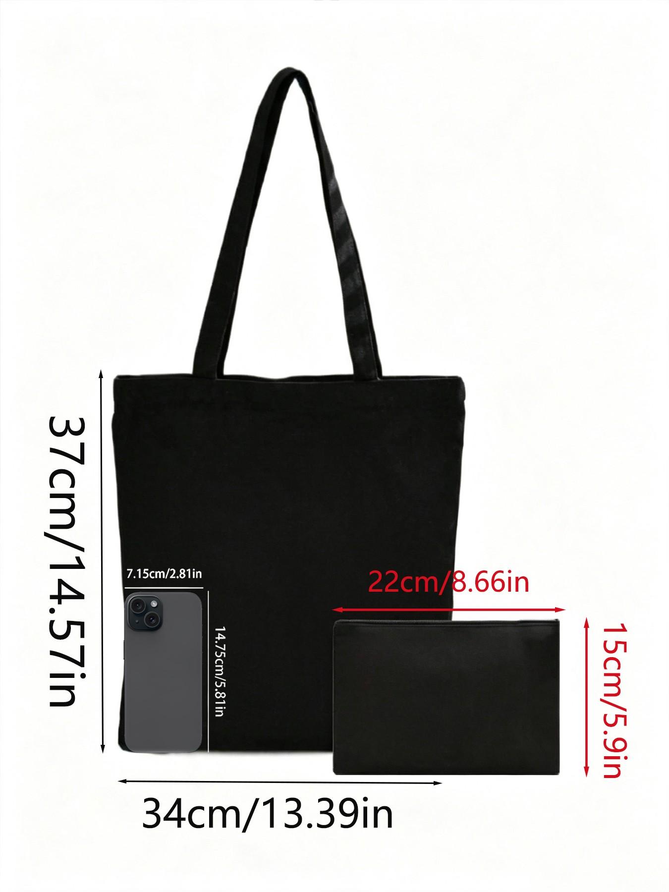 Fashion Aesthetic Canvas Tote Bag Set for Women, Heels Rose Perfume Print, Large Capacity Shoulder Bag & Cosmetic Pouch, Reusable Handbag