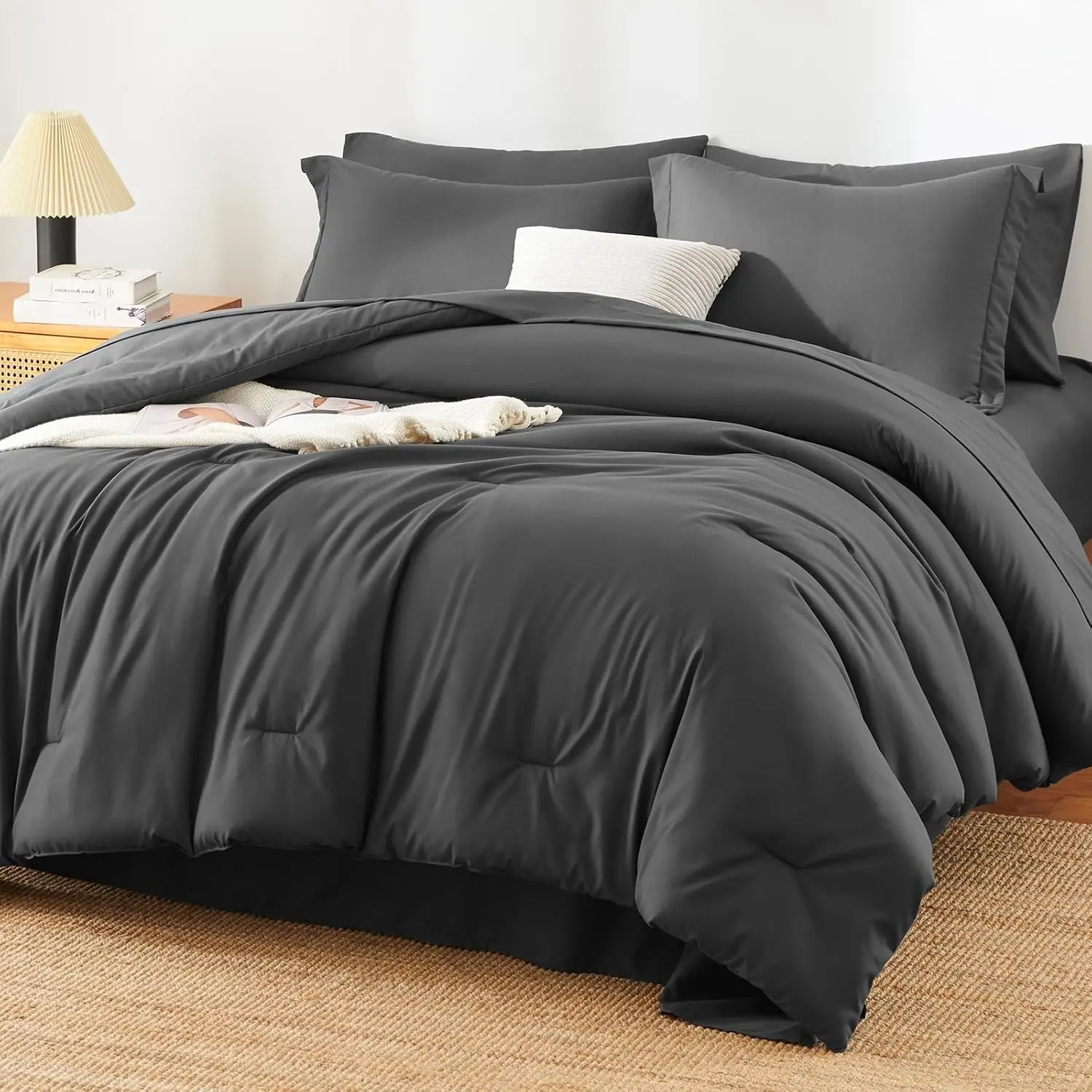 Minimalist Queen Size 7-Piece Bed-in-a-Bag Comforter Set (Dark Grey) - OEKO-TEX Certified Bed Linens, All-Season 240 GSM Lightweight Quilt Bedding, 14-in Deep Fitted Sheet, Flat Sheet, Pillowcases & Shams, Machine Washable, Bed Linens Set