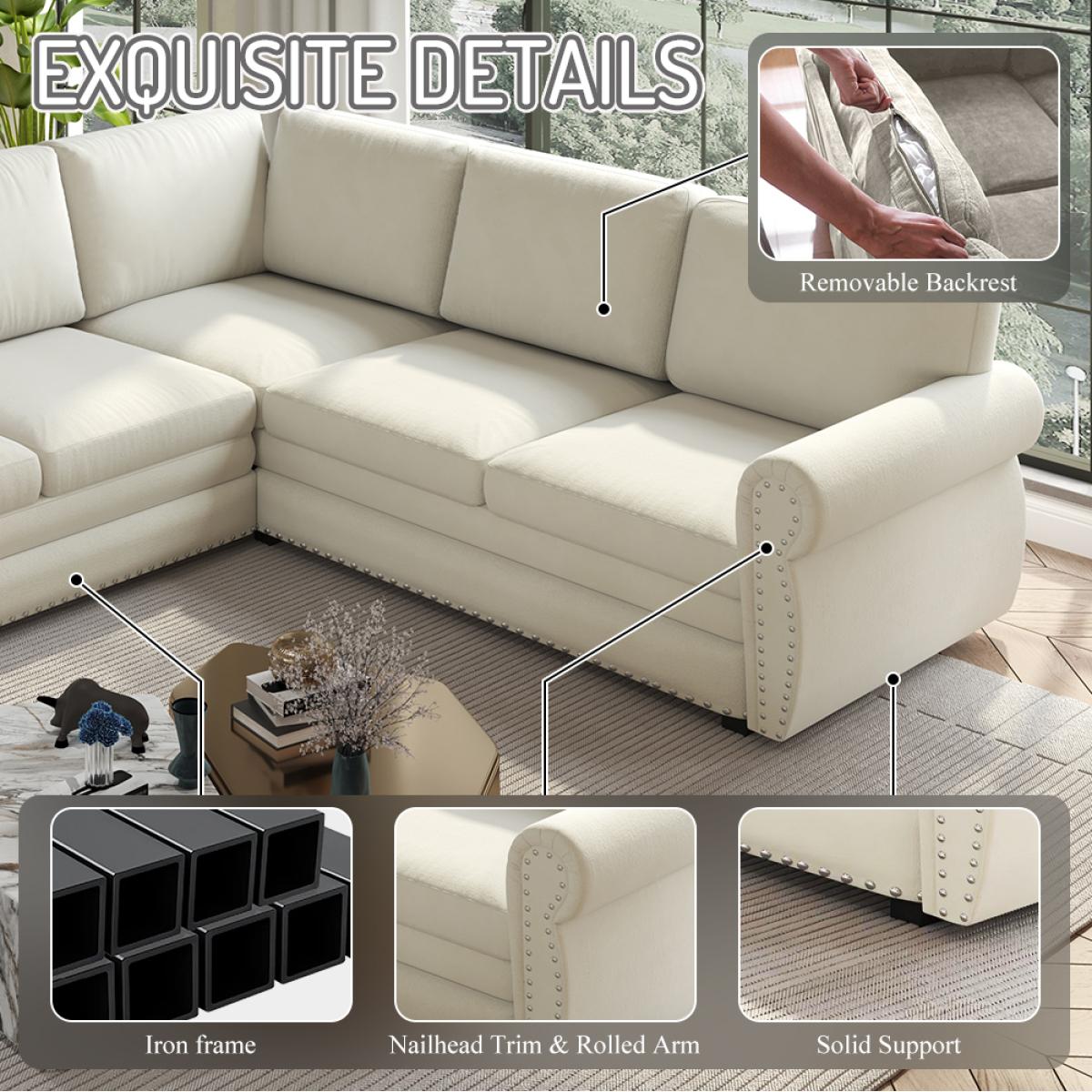 118 in Oversized L-Shaped Chenille Fabric Sectional Sofa with Pull-Out Bed, 6-Seater Couch with Nailhead Trim, Spacious Guest Option for Living Room, Beige/White 118 in Oversized L-Shaped Chenille Fabric Sectional Sofa with Pull-Out Bed, 6-Seater Couch with Nailhead Trim, Spacious Guest Option for Living Room, Beige/White