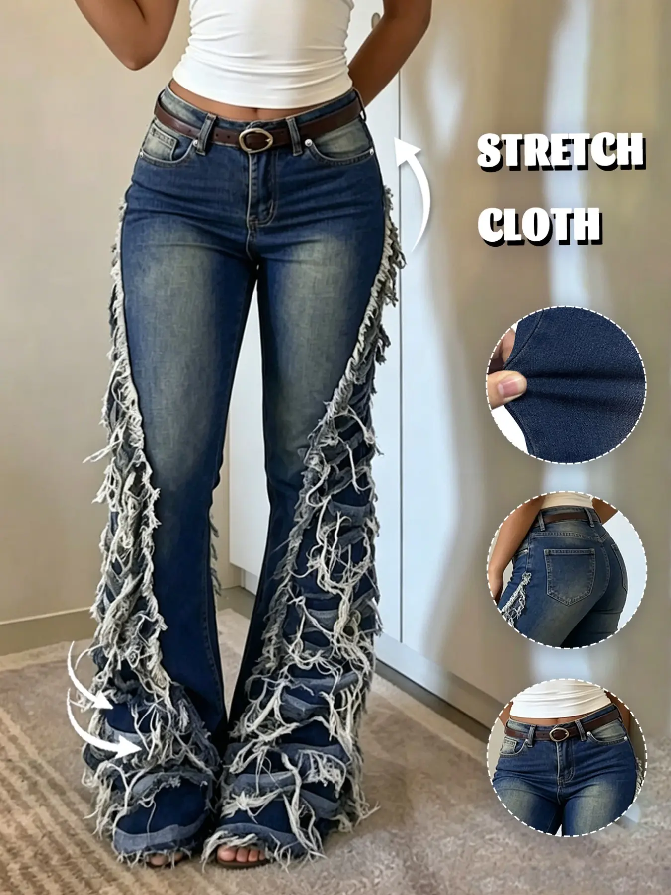 High Waist Flare Jeans, Side Shredded Fringe Patchwork Distressed Stretch Denim Pants Punk Bell Bottom Trousers