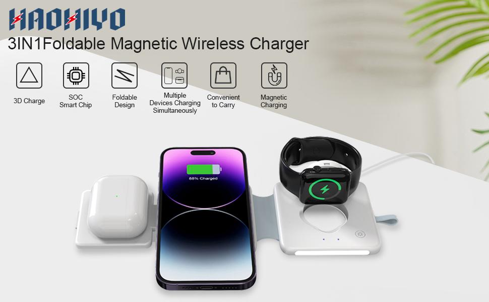 Portable 3 In 1 Fast Wireless Charger, 15W Mag-Safe Foldable Wireless Charging Station Suitable For iPhone,iWatch,Airpods Wearable Multiple Devices, Wireless charger for Android phones Earbuds Case Cellular Folding Chargeable White Electronic