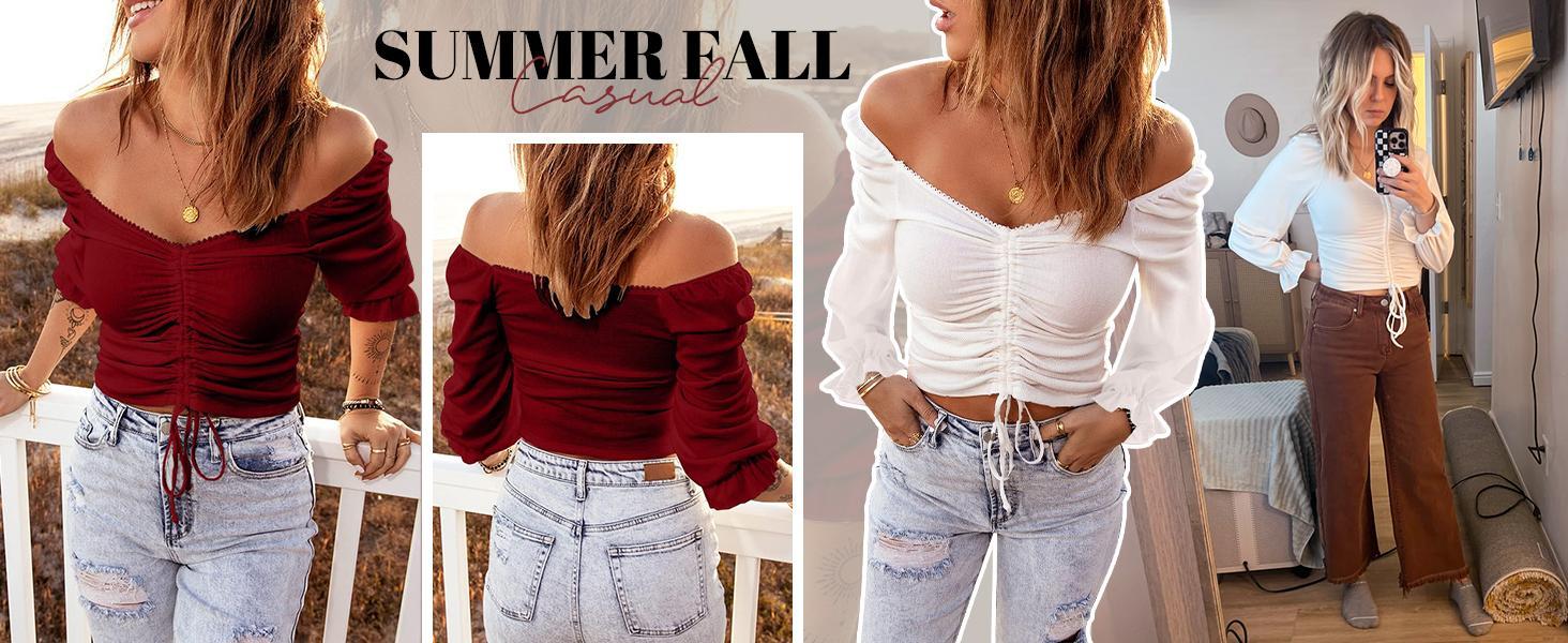 Tankaneo Womens Crop Tops Off Shoulder Ruched Ruffle 3/4 Sleeve V Neck Shirts Sexy Summer Blouse