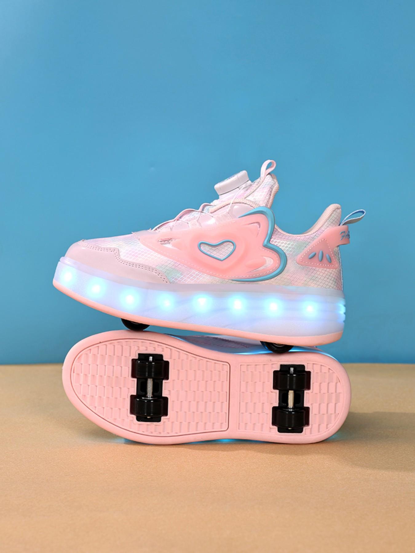 Girls' Walking Shoes with Rotating Buckle, Night Glow Color Changing LED Lights, Waterproof Leather, USB Rechargeable, Detachable Wheels, Trendy Trainers