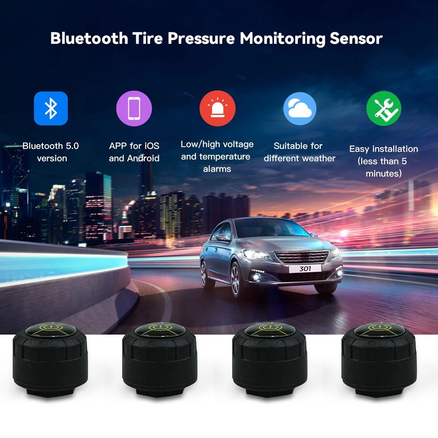 4 Wheel Tire Pressure Monitoring System, Wireless Tpms Sensor Kit, Includes 4 Sensors & Tools, Ideal for Car Maintenance