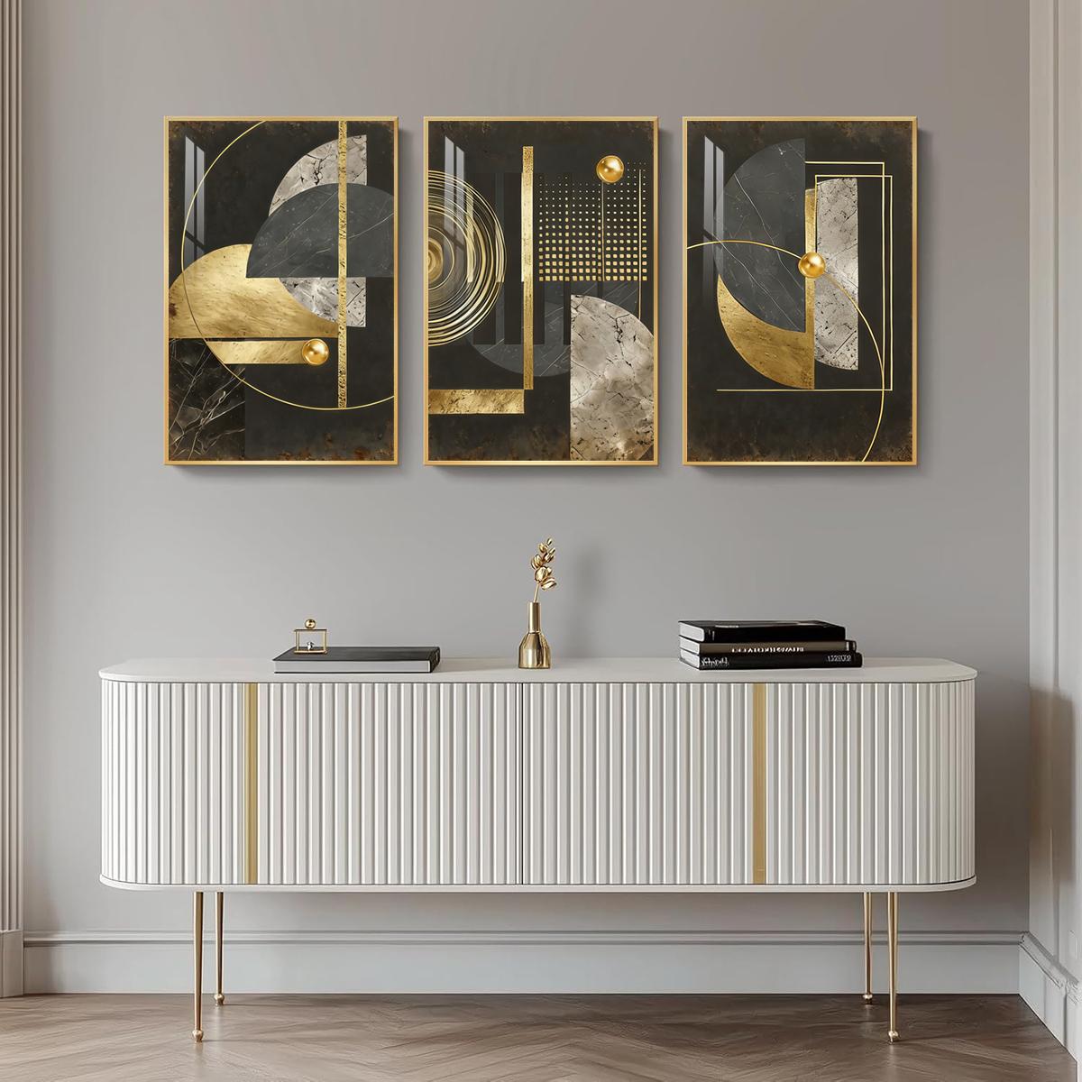 3 Counts Aluminum Alloy Framed Painting, Abstract Geometric Gold And Black Art Pictures, Home Decoration For Living Room, Bedroom, Office, Restaurant, Hallway Wall Decor, Odorless Print Artwork, Luxury Perfect Gift For Friends And Family