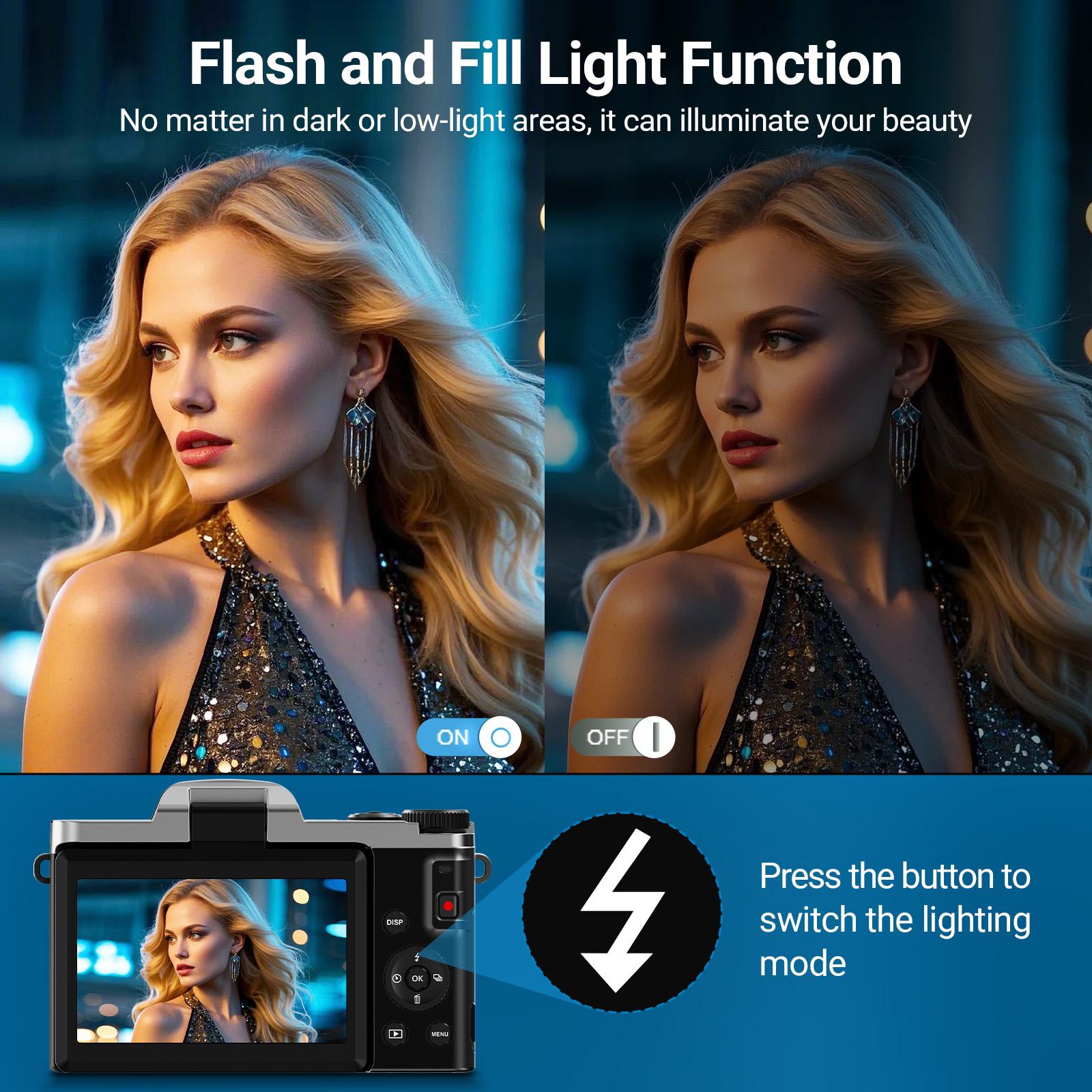 4K Photography Digital Camera, 64mp Auto Focus, 180° Screen Flip, 16x Digital Zoom, Flash, 32GB Memory Card, Travel Life Recording