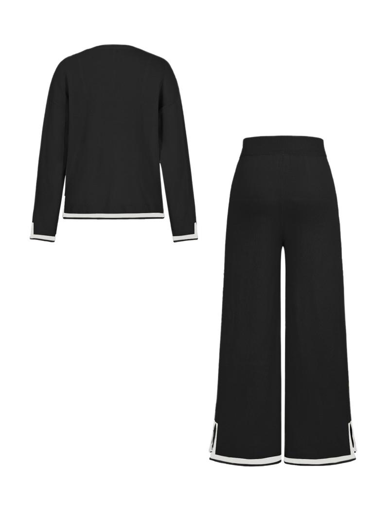 Fashion Casual Colorblock Knit Top and Pants Set, Round Neck Long Sleeve Sweater, Fall & Winter Fitted, Women's Clothing