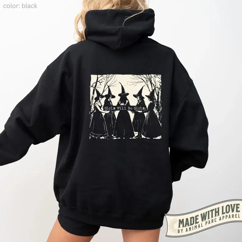Women's Cotton Blend Fleece Fabric Witch Hoodie - Casual Loose Comfortable Hooded Neck Long Cut Top, Vintage Chic Salem Spooky Statement, "Girls Will Be Girls" Print, Halloween Gift