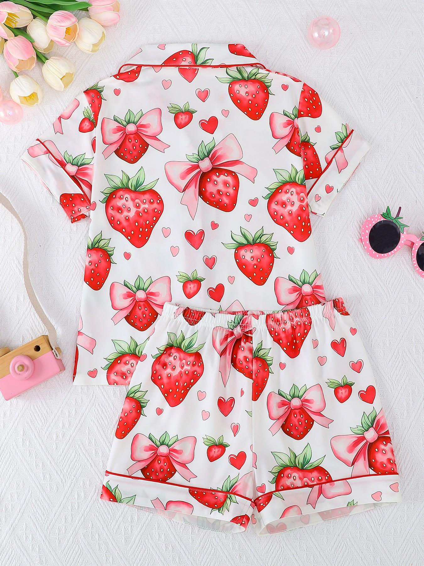 2-Piece Kids Pajama Set, Casual Strawberry Bow Heart Pattern, Fashion Open-Cardigan Short Sleeve Top and Shorts, Flame-Retardant Knit, All Seasons