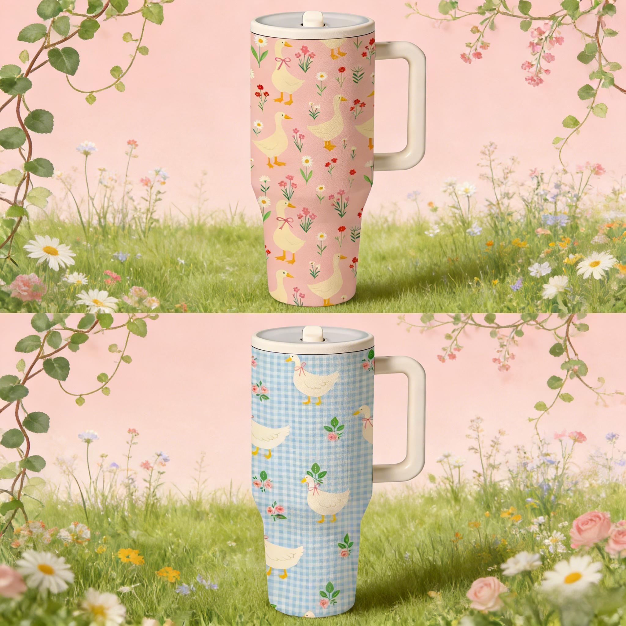 1 Pc 40oz Insulated Mug With Handle & Lid, Double Wall Vacuum Cup, Leak Proof Large Capacity Thermal Mug, Keeps Hot 12 Hours Cold 24 Hours, Floral Goose Spring Pattern, Cute Gift For Women Men, Valentine Holiday Car Drinkware, Leakproof Insulated Tumbler