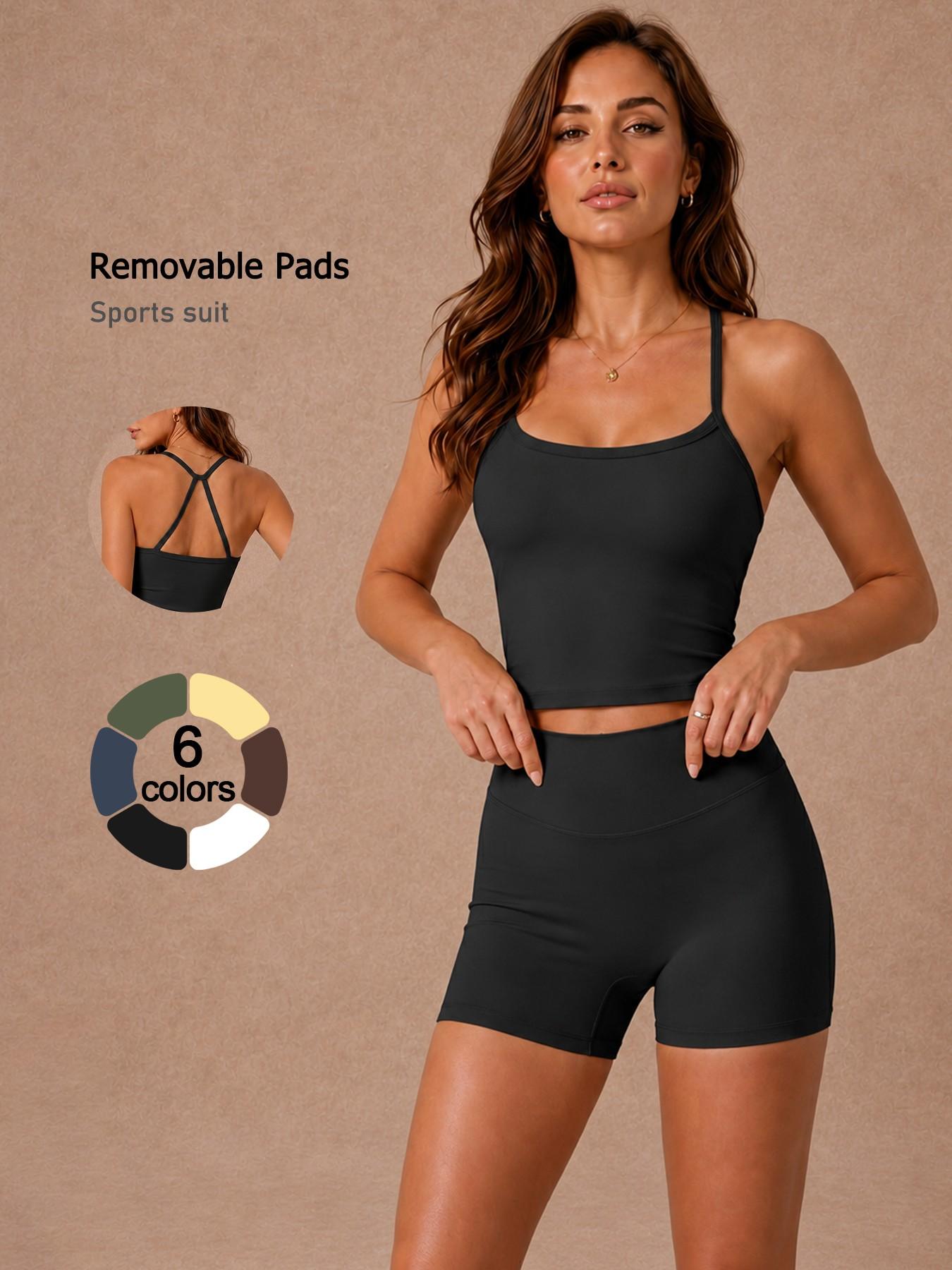 Women's 2 Piece Sports Set Solid Color Spaghetti Strap Cami Top Shorts Removable Padded Buttery Soft Breathable High Elastic Butt Lifting Tummy Control Open Back Pilates Yoga Set Gym Cool Comfortable Running Cycling Women's Fitness Set