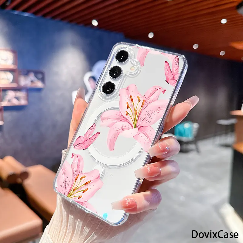 Phone Case - Elegant Pink Lily Flowers with Flying Butterflies HD Clear Shockproof Transparent for Galaxy A05s A06 A07 A14 A15 A16 A17 A23 A24 A25 A26 A34 A35 A36 A37 A54 A55 A56 A57 S10E S20 S21 S22 S23 S24 S25 S26 Fe Plus Ultra Edge Note9 Note10 Note20