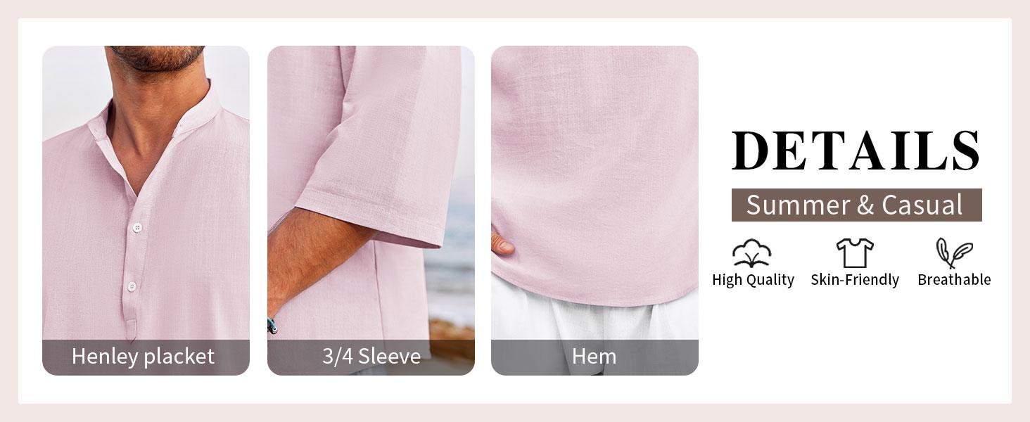 Runcati Mens Linen Shirts Casual Cotton 3/4 Sleeve Regular-Fit Henley T-Shirt Summer Lightweight Beach Yoga Tops