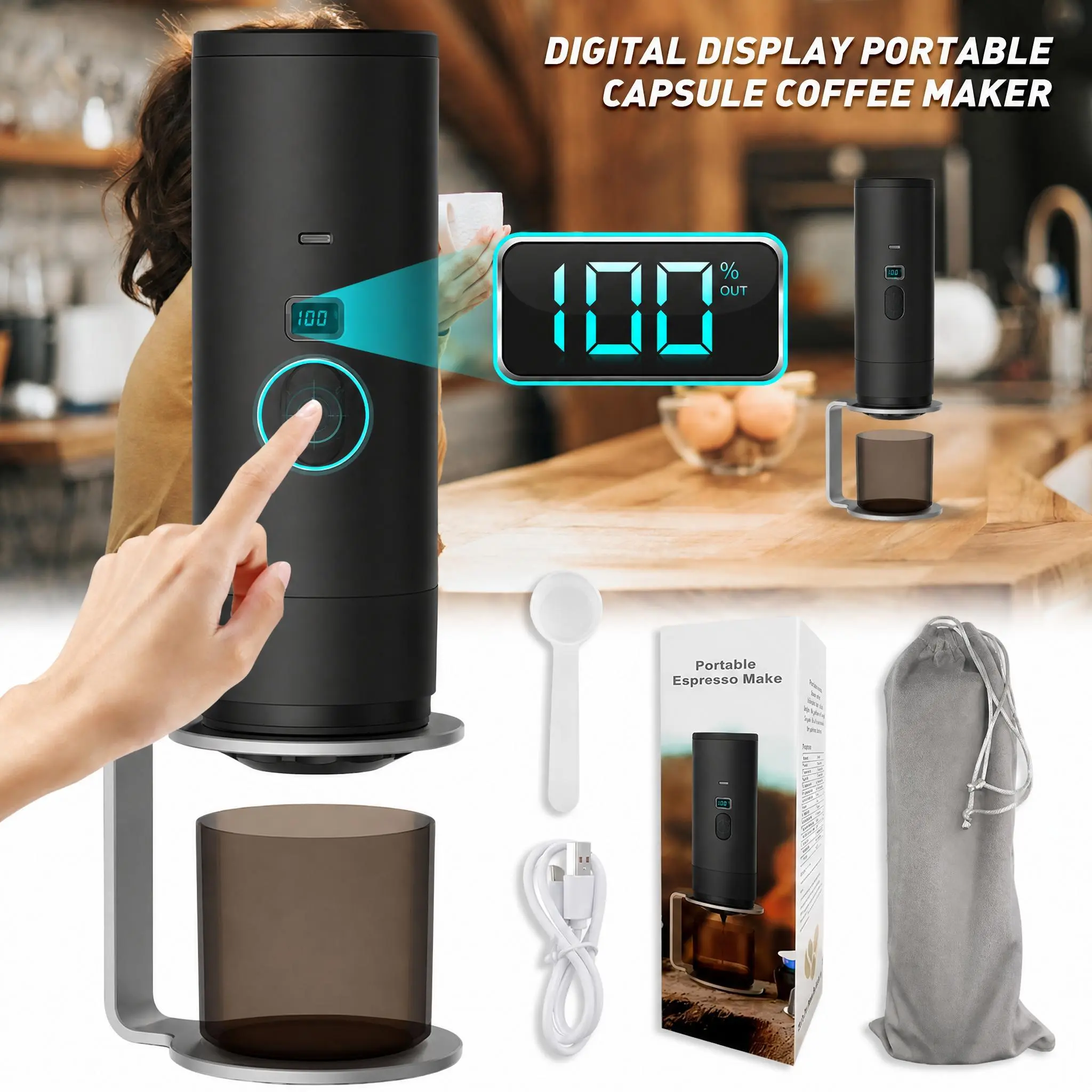【Fall Deals】Portable Espresso Maker - 7800mAh, 4-Cup Hot Heating, 50+ Cup Hot Water Infusion, 90ml, LED Digital Display, Type-C Fast Charging, Capsule-Compatible, Automatic Brew, Small Footprint, Vertical Travel Coffee Machine for Camping, RV