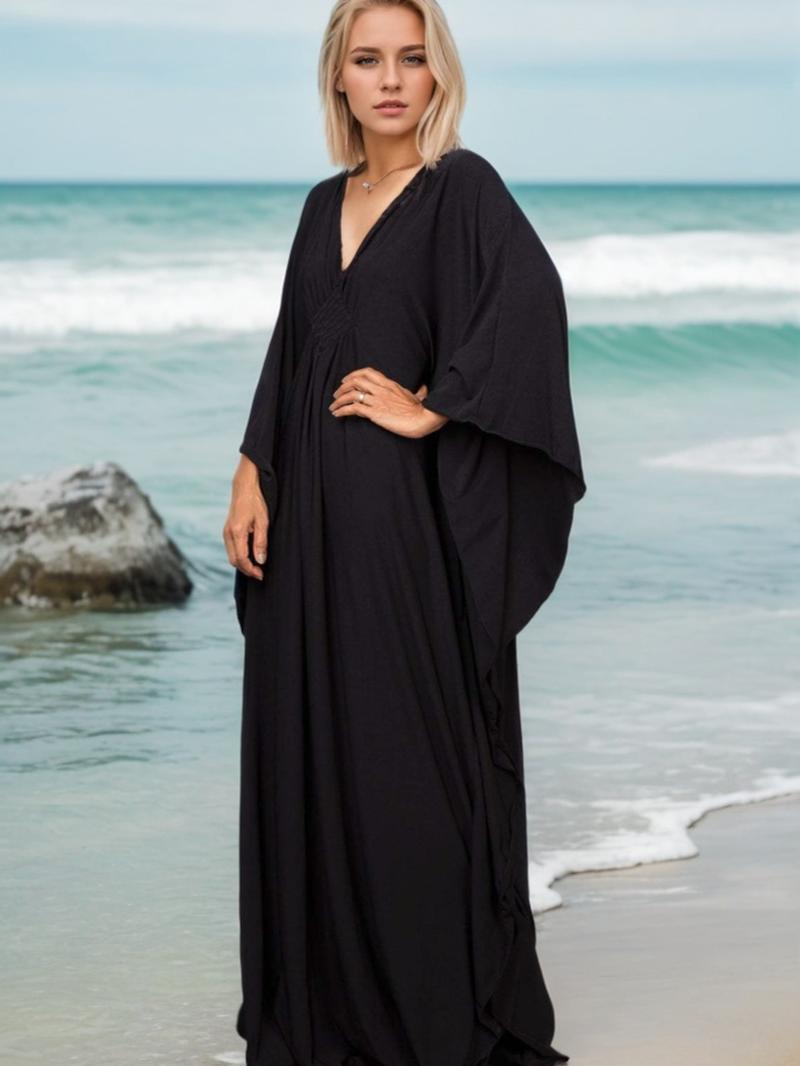 Women's Kaftan Dresses, Plus Size Bathing Suit Cover Up, V-Neck Batwing Design, Loose Fit Moroccan Style Mumu Dress, Batwing Sleeve Kaftan