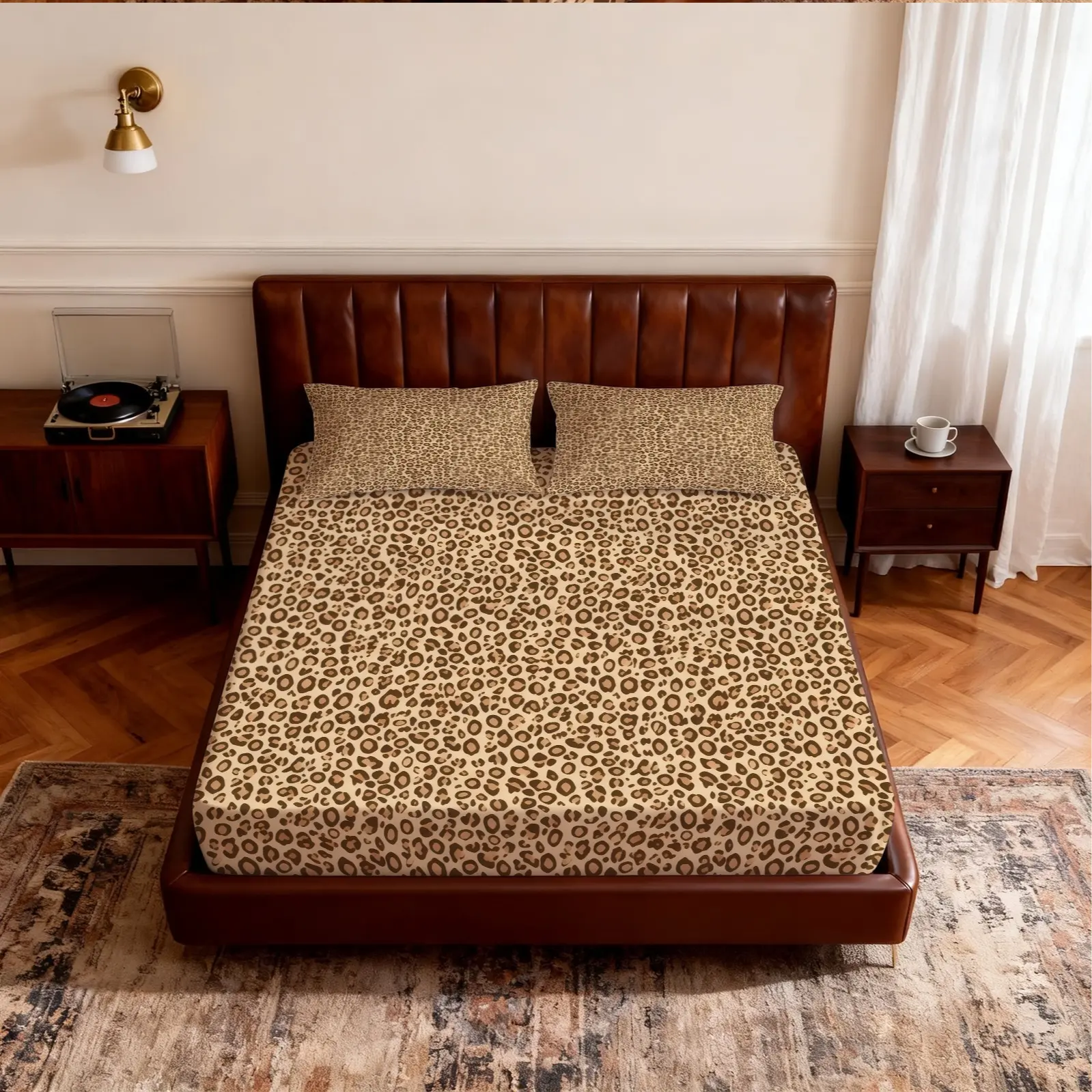 3-Piece Leopard Bed Sheet Set, Soft And Breathable Polyester Mattress Protector, Includes 1 Flat Sheet And 2 Pillowcases Without Insert, Suitable For Bedrooms, Guest Rooms And Hotels, Leopard Print Sheets