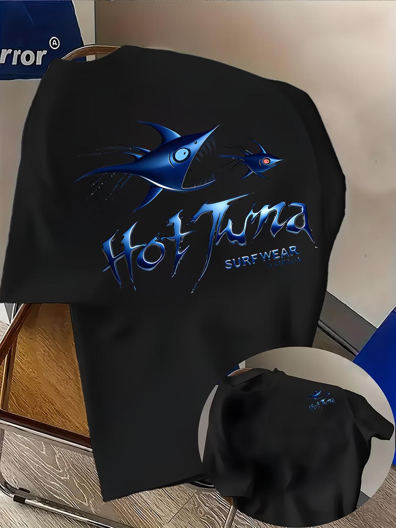 Men's Casual 'hot Tuna' Shark Print T-Shirt, Fashion Dual-Sided Print, Lightweight Elastic, Regular Fit, Summer Streetwear, Comfortable Wear