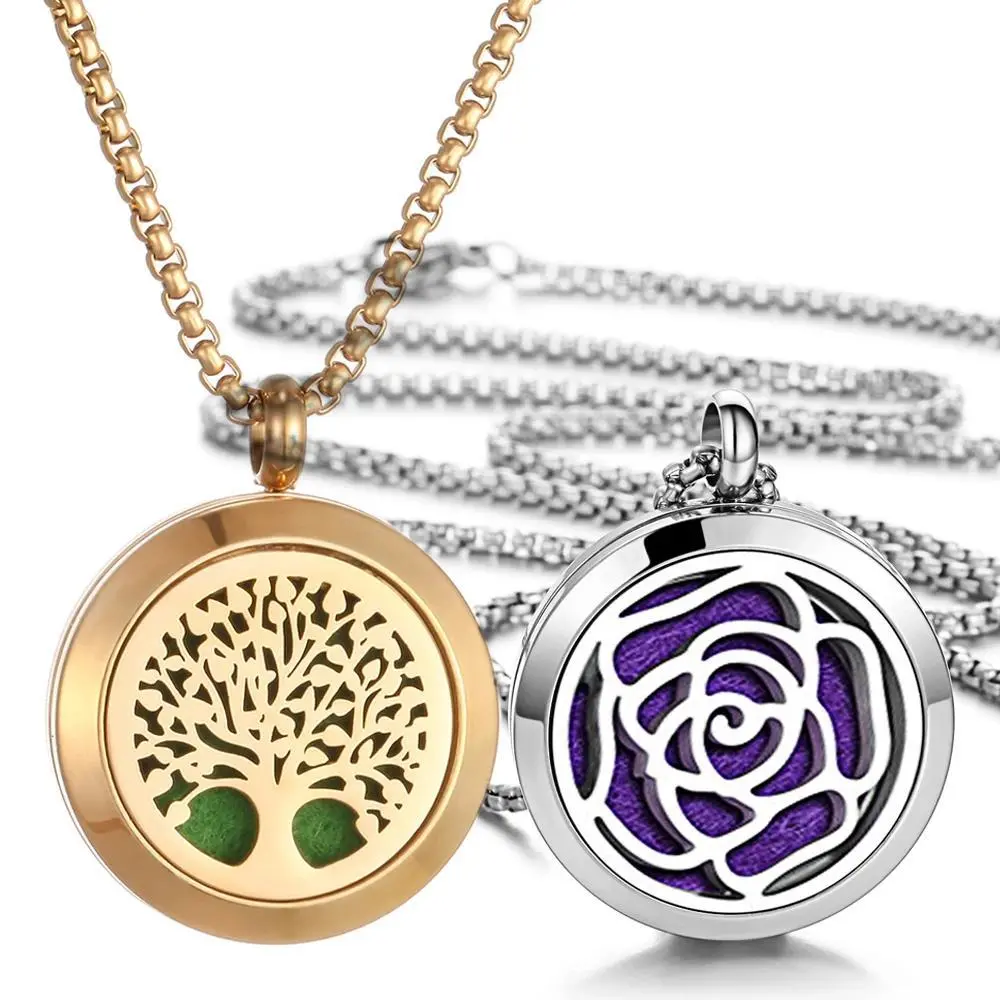 Golden Aromatherapy Essential Oil Diffuser Necklace Tree of Life Stainless SteelLocket Pendant Necklaces Men Women Sweater Chain