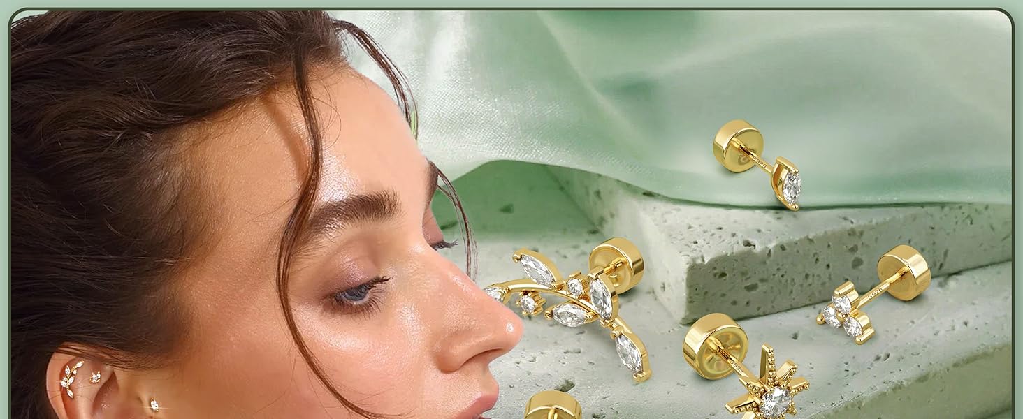 925 Sterling Silver Flat Back Stud Earrings for Women, Hypoallergenic 14k, Small Cz Helix Conch Tragus Piercing Jewelry 20g