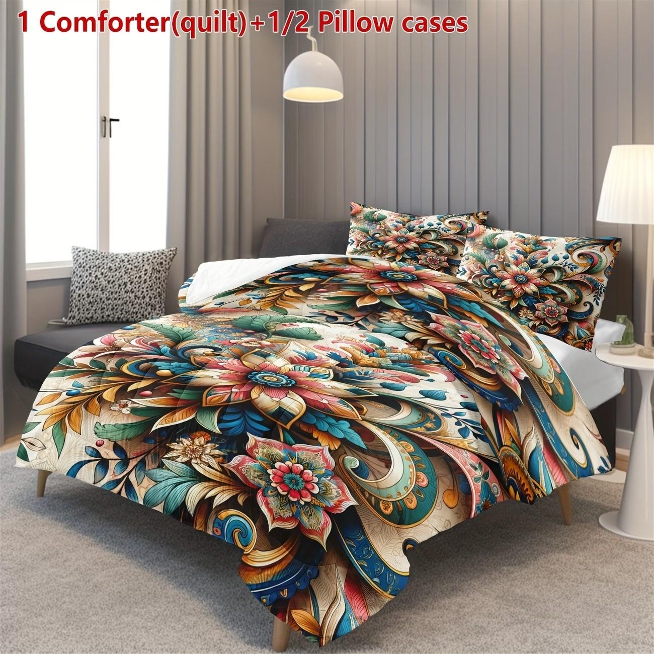 Boho Mandala Floral Print Bedding Set, Soft Breathable Comfort, 3-Piece Suite for Bedroom & Guest Room Decor, Includes 1 Duvet + 2 Pillowcases