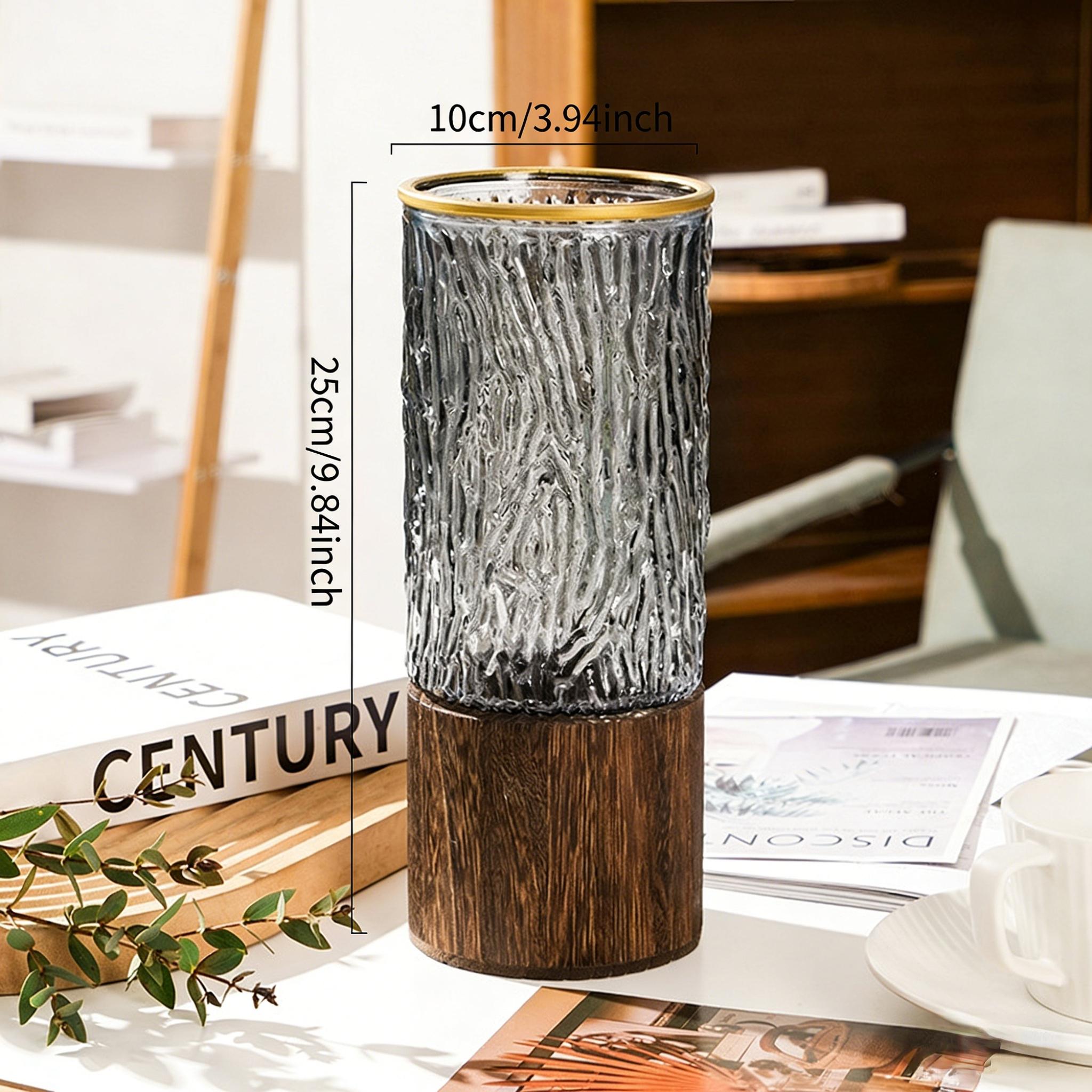 Modern Detachable Glass Flower Vase with Wooden Base, Gold Rim Ribbed/Ice Texture Vase for Home Decor, Perfect for Roses, Lucky Bamboo, Table Centerpieces