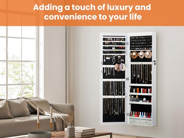 RIMIKING Jewelry Cabinet with Mirror, Dual Installation Options, Ample Storage, Convenience Features, Elegant Design,  Soft Velvet Lining, LED Lights, High Capacity Earring Storage, Dedicated Necklace Hooks, Ring Slots, Cosmetic Organizer