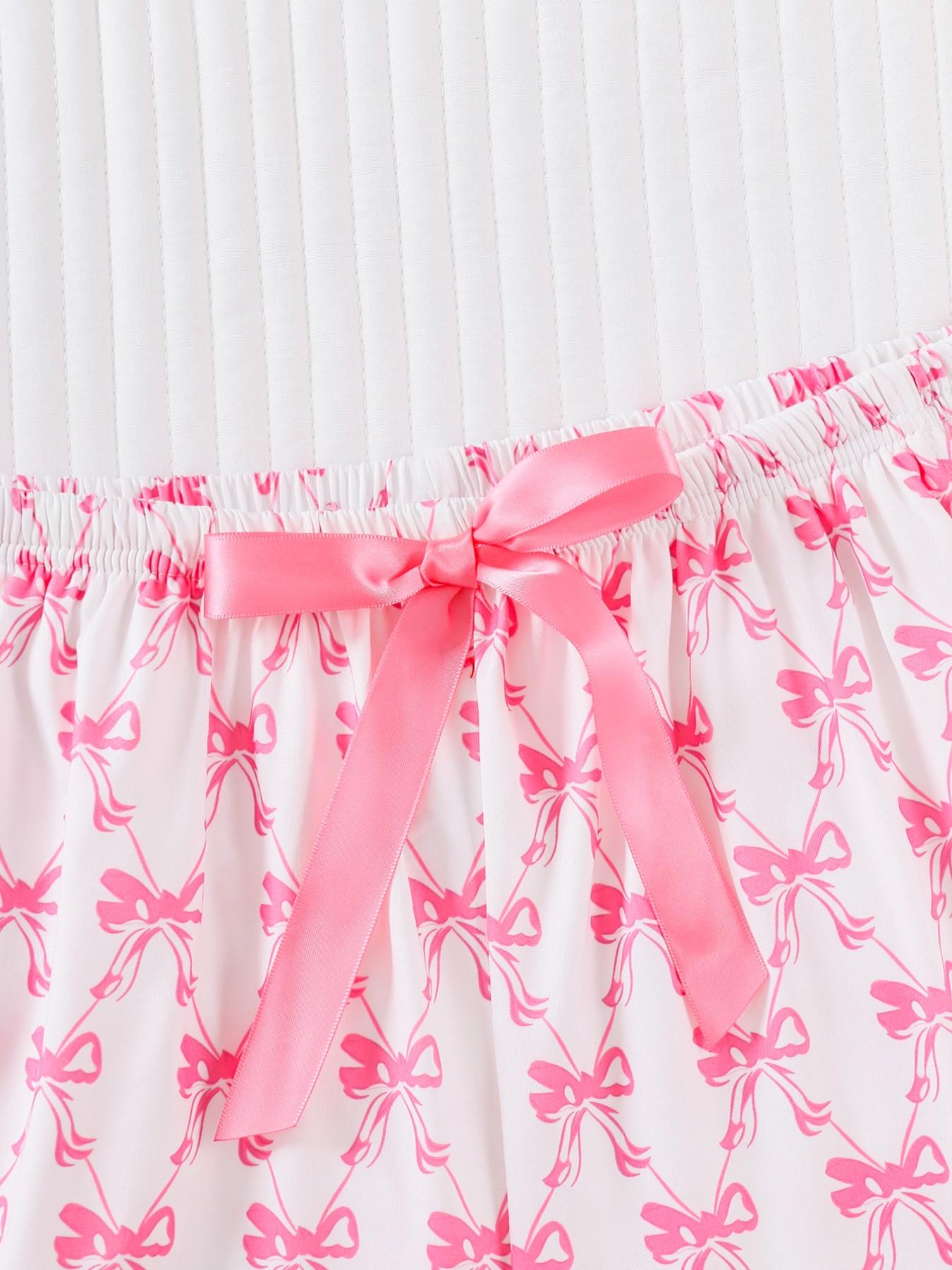 Women's Two-Piece Sleepwear Set, Bow Full-Print Design, Soft & Smooth Fabric, Casual Fitted Style, All Season Comfortable Wear