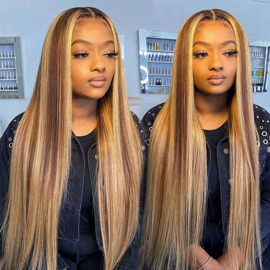 Pizazz Hair 13x6 Ombre Highlight Lace Front Wigs Human Hair with Baby Hair 220 Density 4/27 Honey Blonde straight Lace Frontal Wigs Human Hair