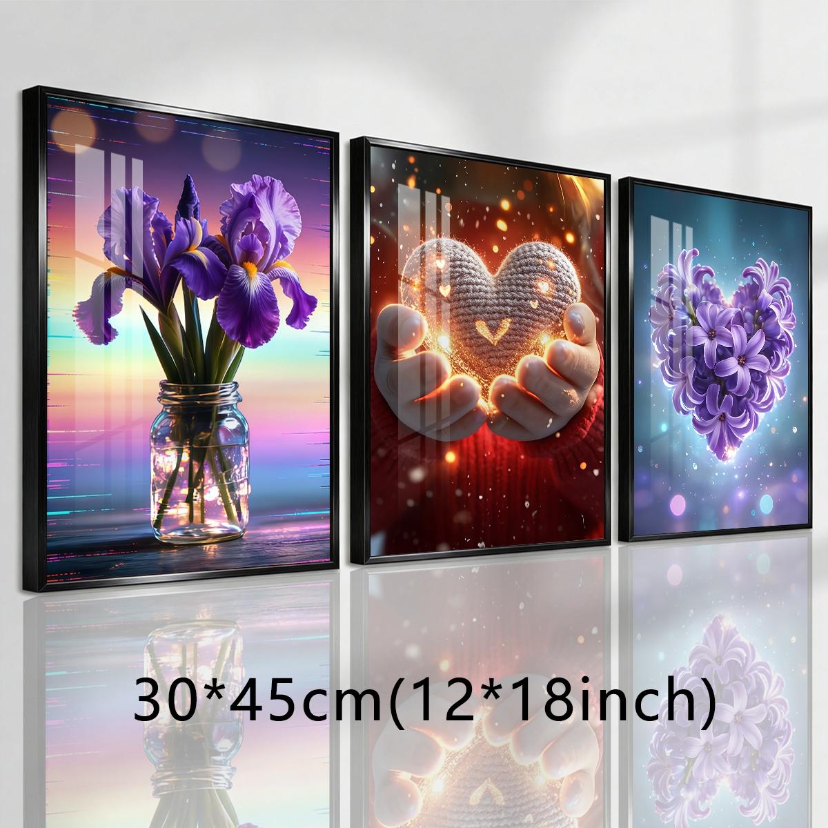 3 Counts Aluminum Alloy Framed Painting, Purple Irises And Glowing Heart Flower Art Pictures, Home Decoration For Living Room, Bedroom, Office, Restaurant, Hallway Wall Decor, Odorless Print Artwork, Luxury Perfect Gift For Friends And Family