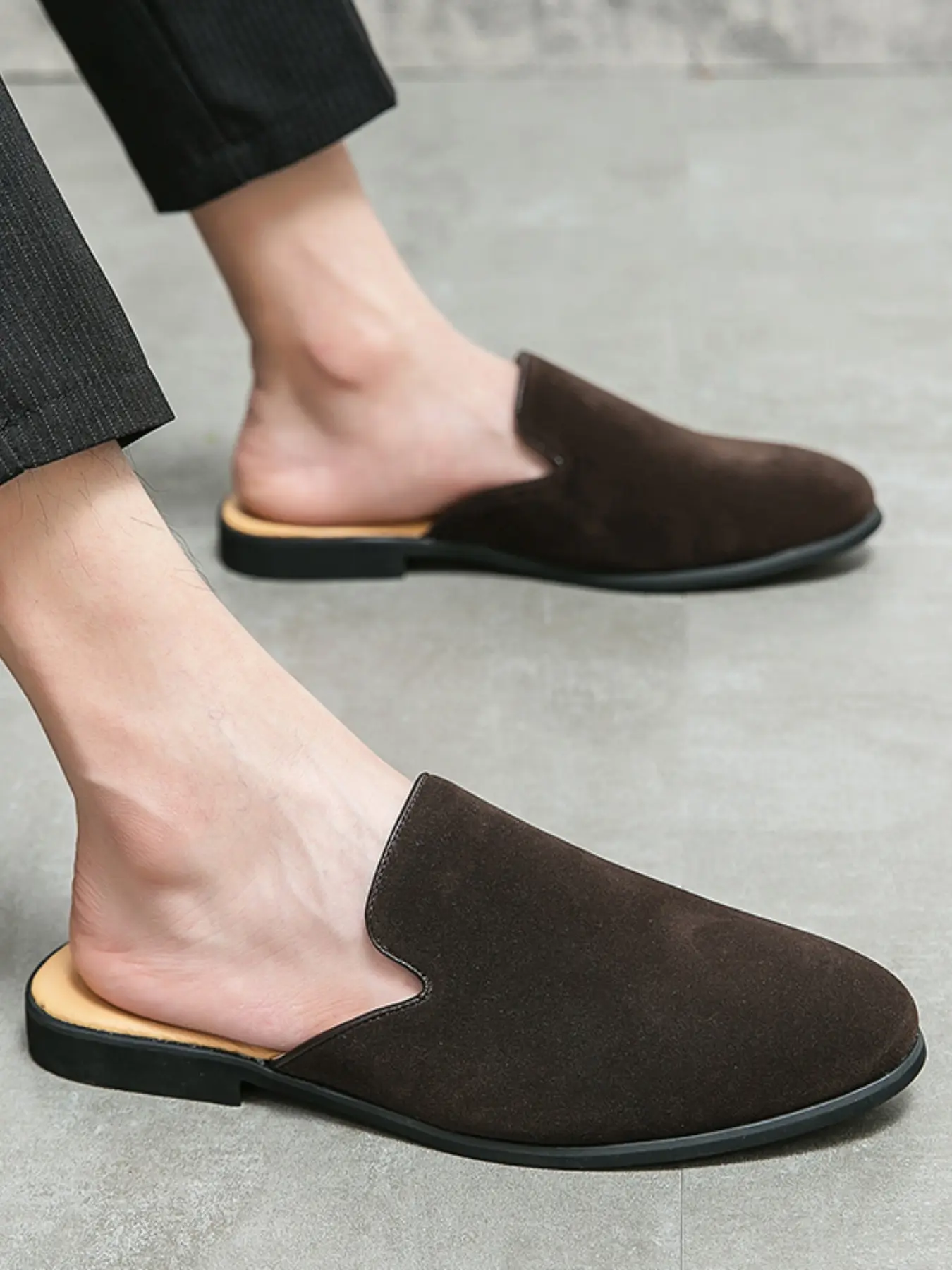 Fashion Trendy Backless Mule Loafers, Suede Slip‑on Half‑Slip‑On Leather Shoes, Non‑Slip Backless Shoes for Business & Casual Wear