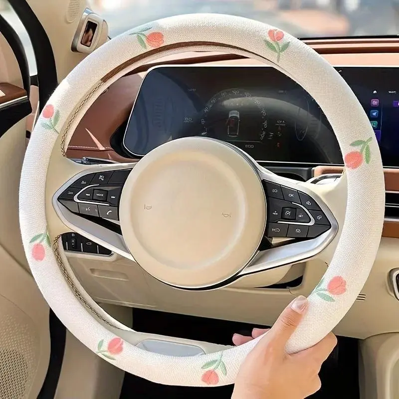 Embroidered Tulip Flower Car Steering Wheel Cover Anti-slip Wear-resistant and Sweat-absorbent Car Accessories